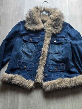 Fashion Nova Chantel Faux Fur Trim Denim Jacket - Size XL